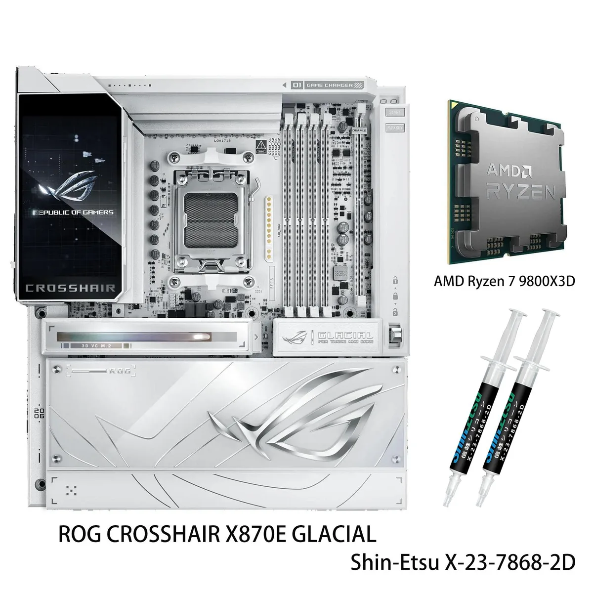 ASUS ASUS ROG Crosshair X870E Glacial AMD motherboard &amp; Ryzen 7 9800X3D CPU combo — product photo