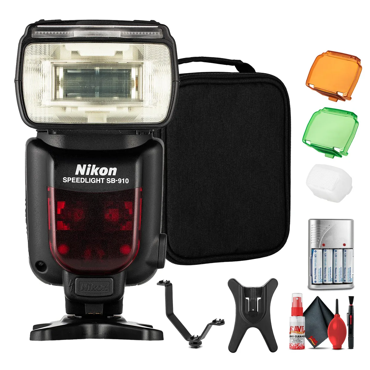 Nikon Inc Nikon SB-910 Speedlight camera flash with AA batteries, charger, bracket, cleaning kit — product photo