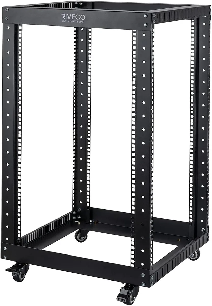 Black open-frame 18U server rack on four brake casters, 19.7 by 21.7 inches, powder-coated steel frame with numbered unit markings