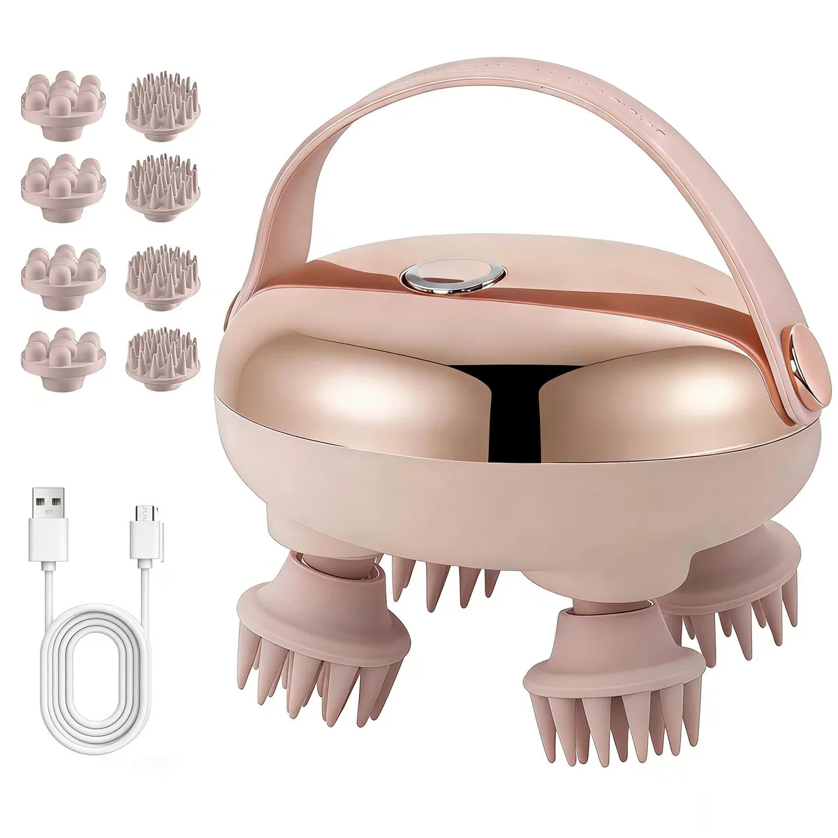 Gold handheld electric massager with eight silicone claws and textured grip