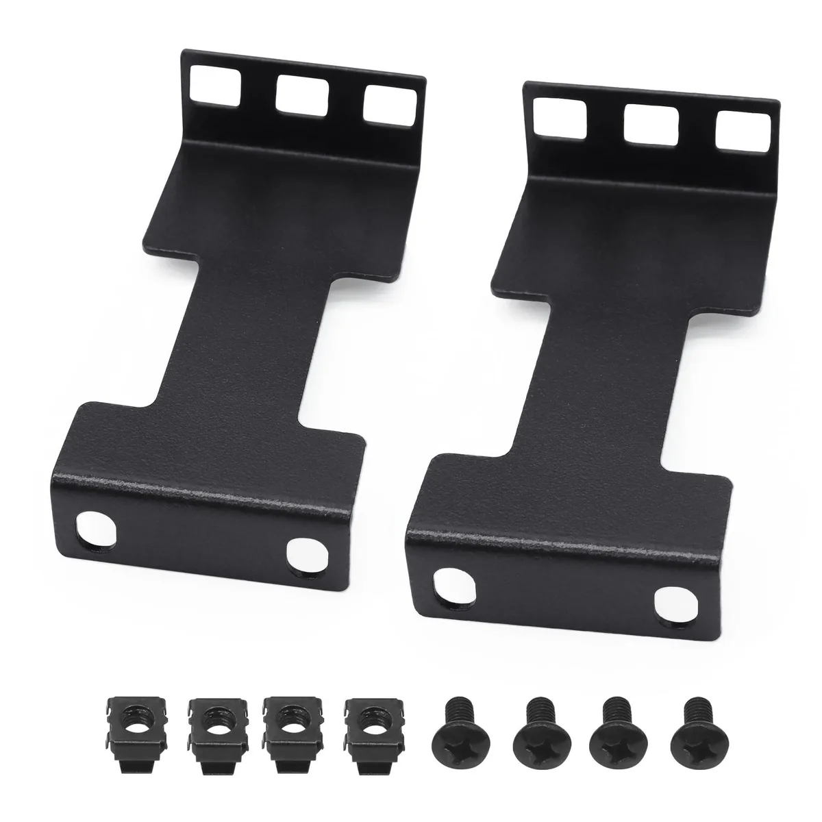 Two black carbon steel 1U rack depth extenders with M6 mounting hardware