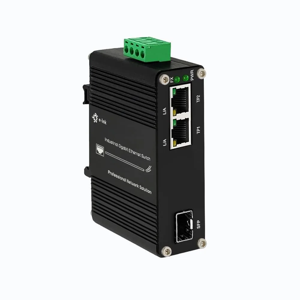 e-link e-link 2 Port Gigabit Ethernet Switch Fiber Converter Din Rail 12-48V DC 2 in 1 accessory — product photo