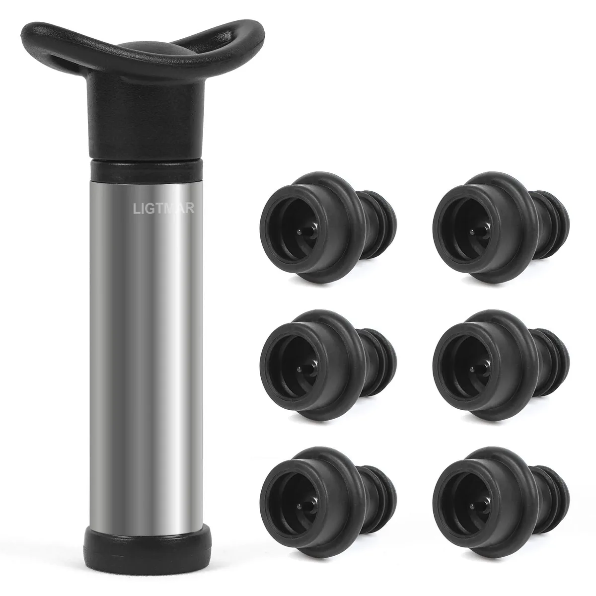 Wine saver pump with six silicone stoppers