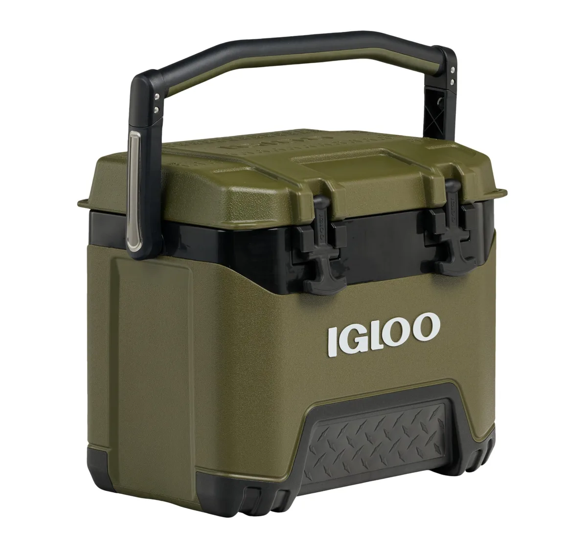 Rectangular hard plastic cooler in oil green with grey lid and stainless steel handle
