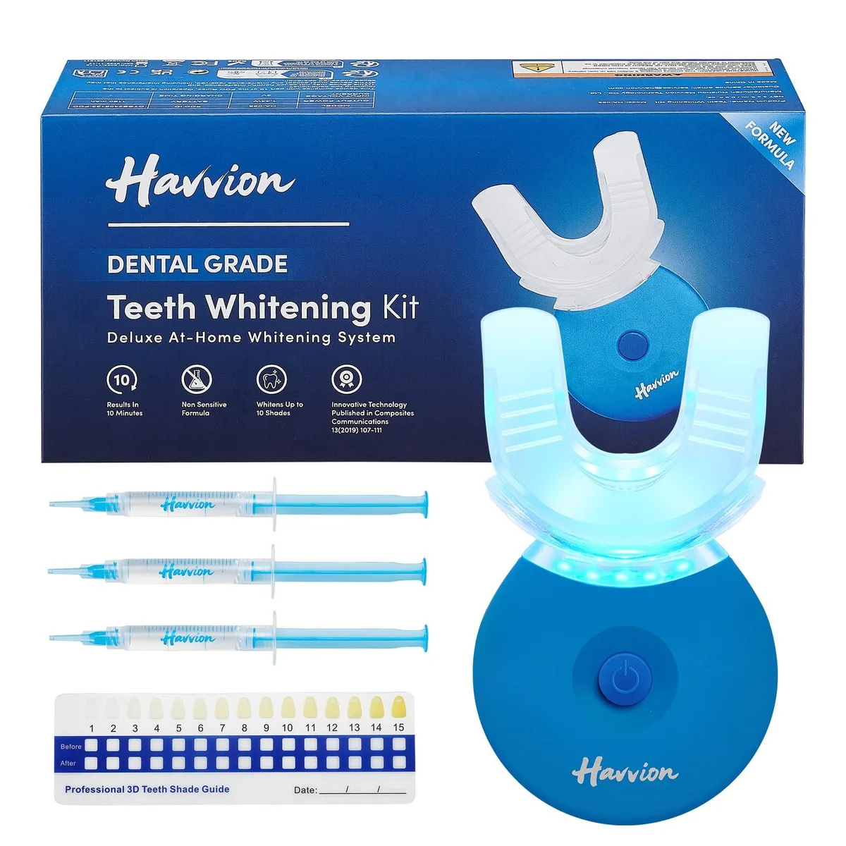 White LED accelerator light with three mint gel syringes and silicone mouth tray