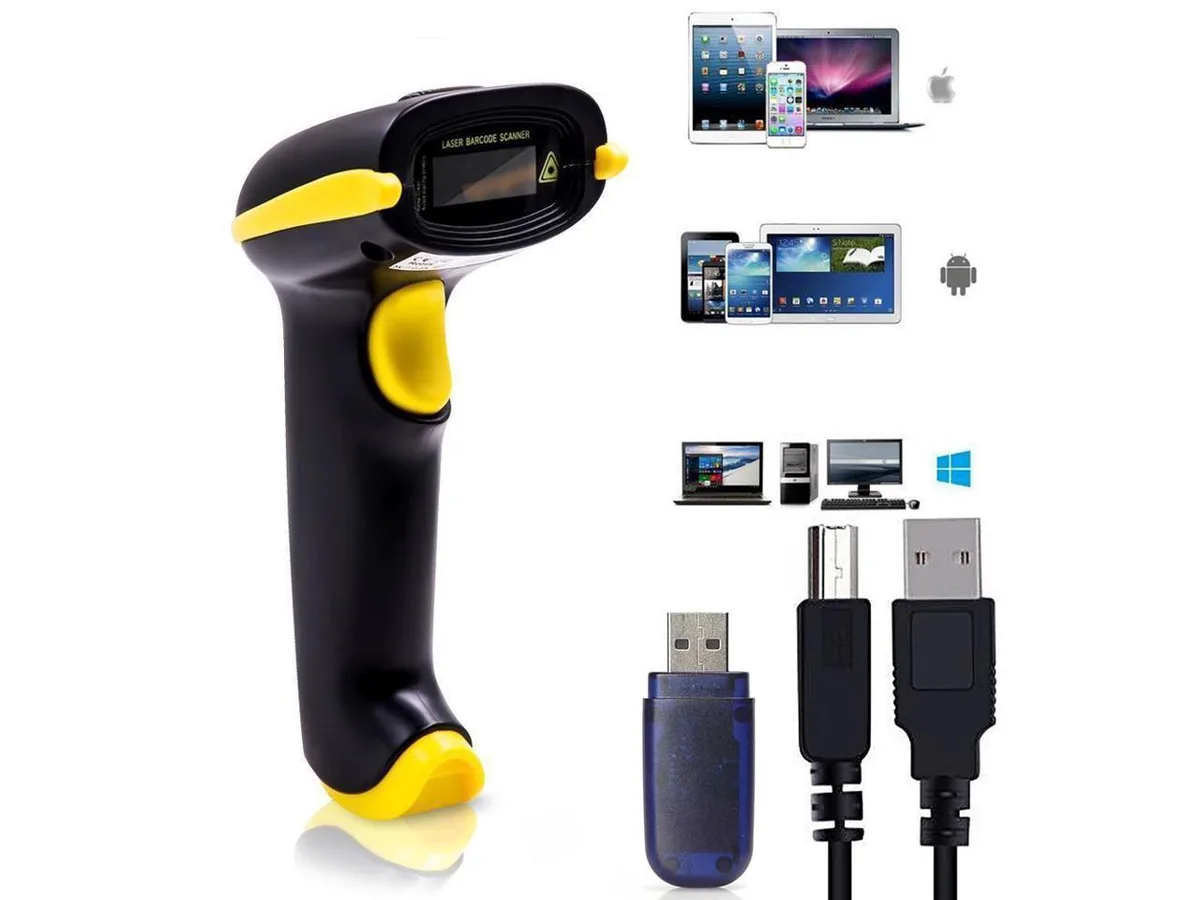 White square handheld 1D barcode scanner with silicone grip and mini USB receiver