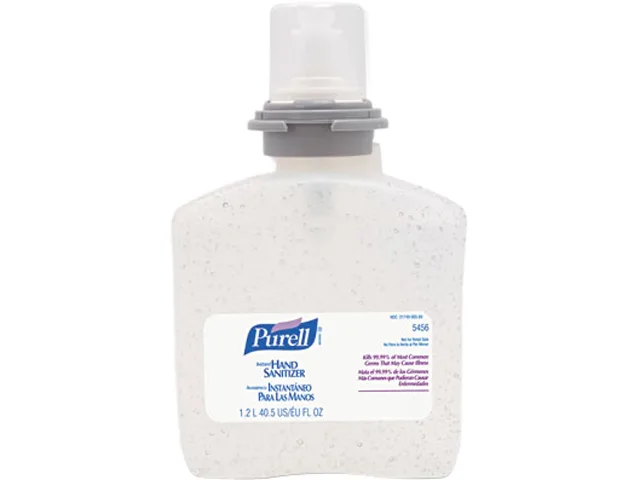 A clear plastic refill bottle of Purell TFX gel hand sanitizer, 1200ml capacity, model 5456-04
