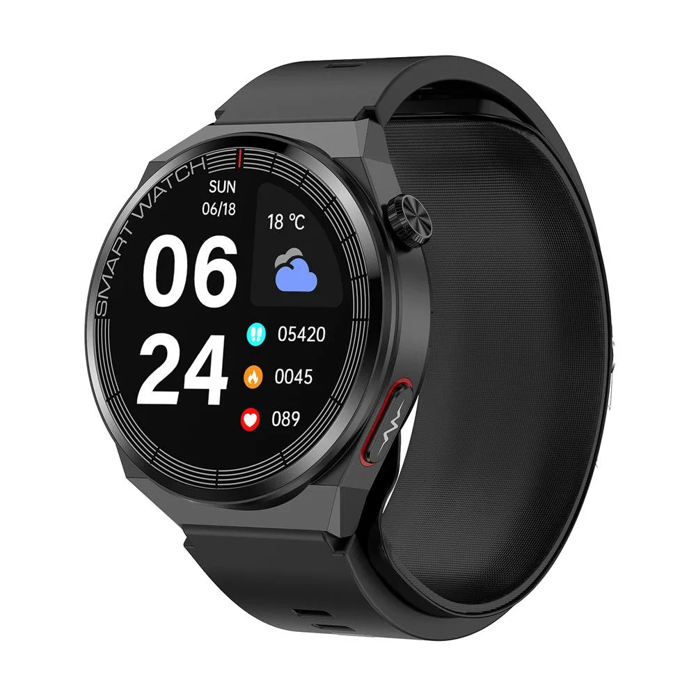 Black rectangular smartwatch with silicone strap and aluminum alloy case