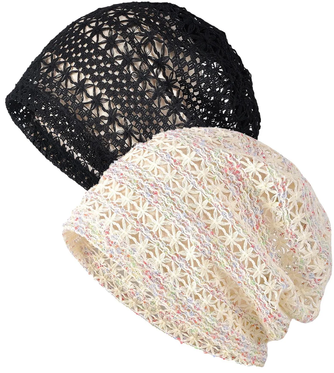  Chemo Headwear Cotton Slouchy Beanie Cap Scarf 2pcs Lace Mesh Black Beige — product photo