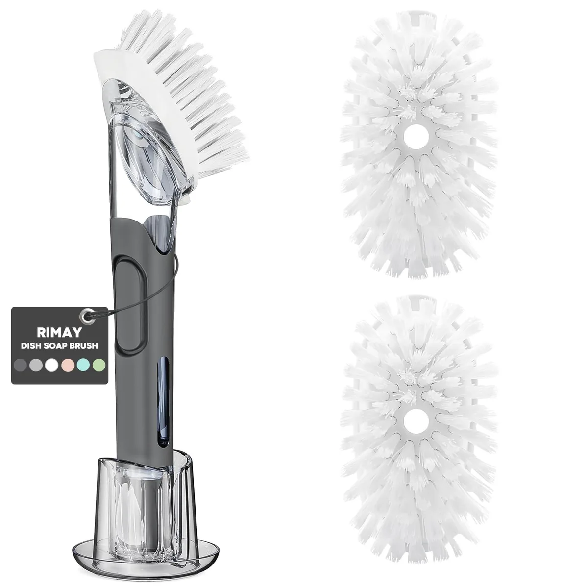 Black soap-dispensing dish brush with holder and two refill heads