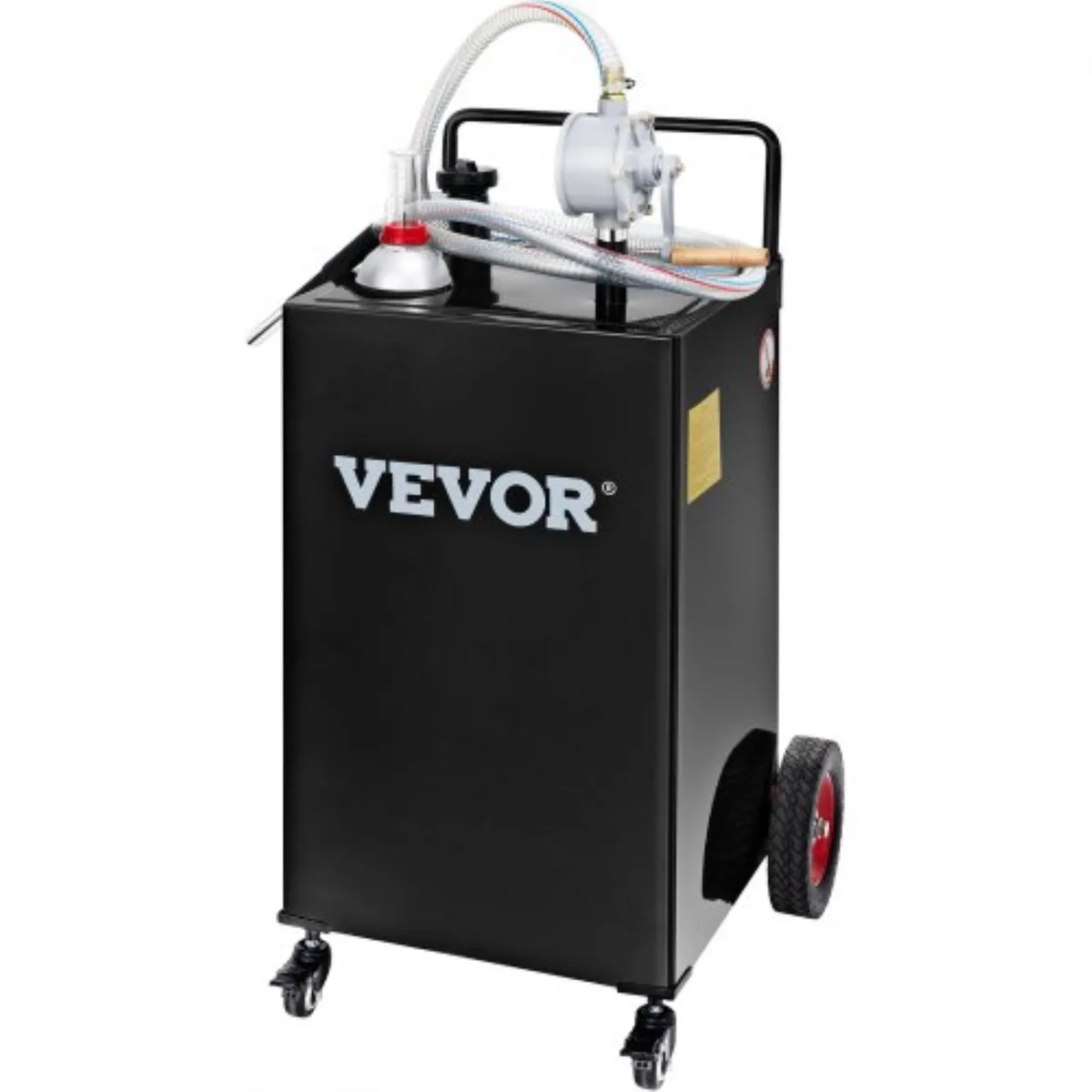 Black 35 gallon fuel caddy on four wheels with manual rotary pump and hose