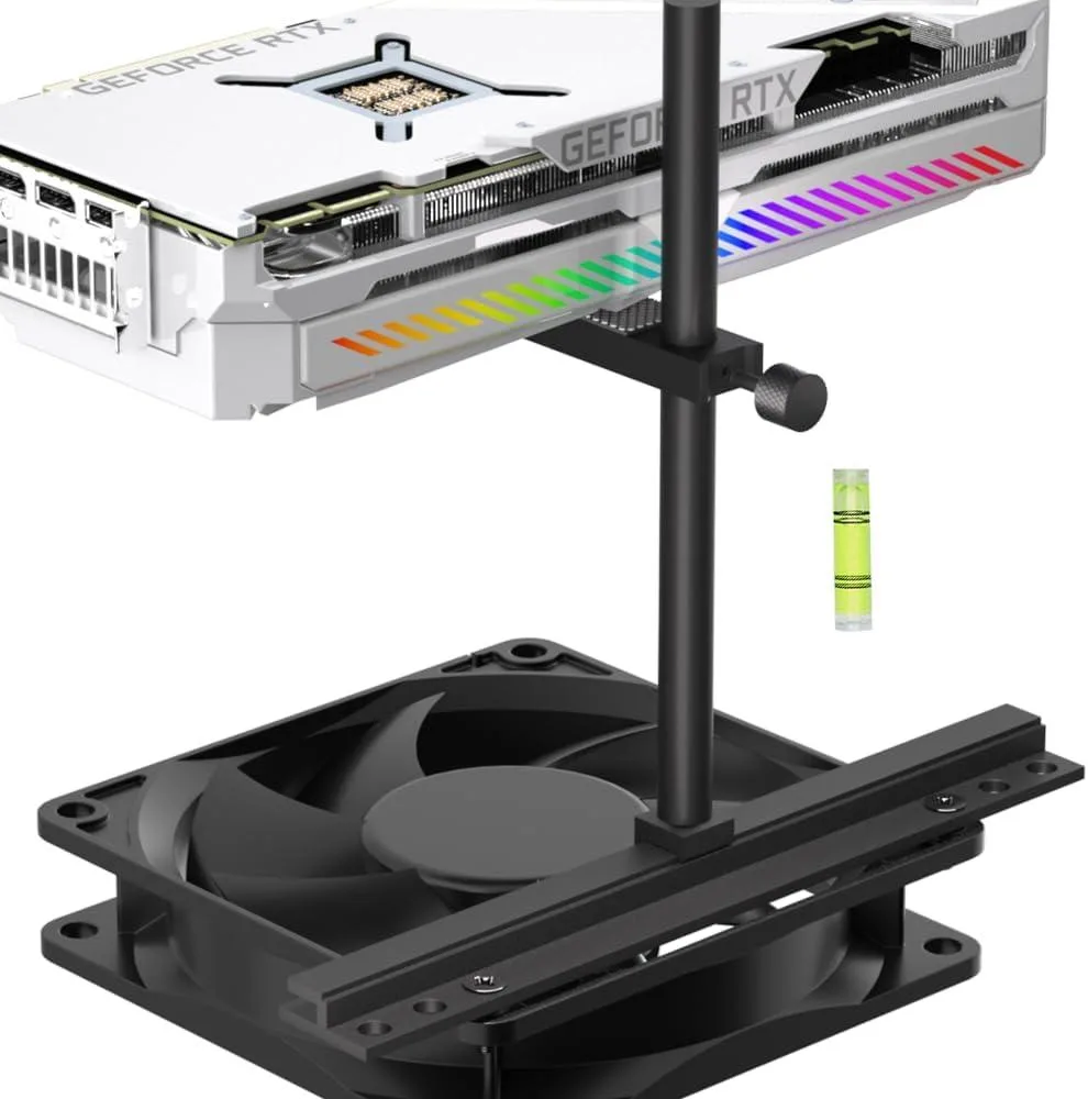 Black aluminum GPU support bracket, adjustable from 10 to 129 mm, mounts on graphics card fan with two screws