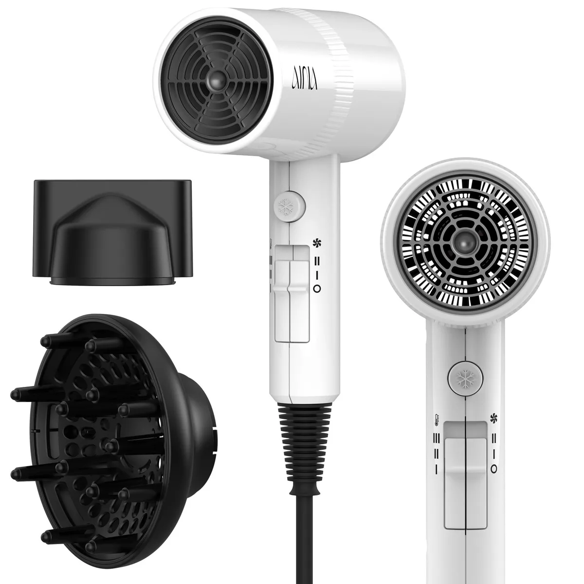 White handheld hair dryer with diffuser and concentrator attachments