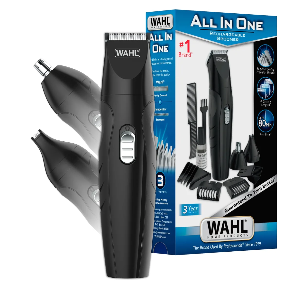Black cordless trimmer with three interchangeable heads and guide combs