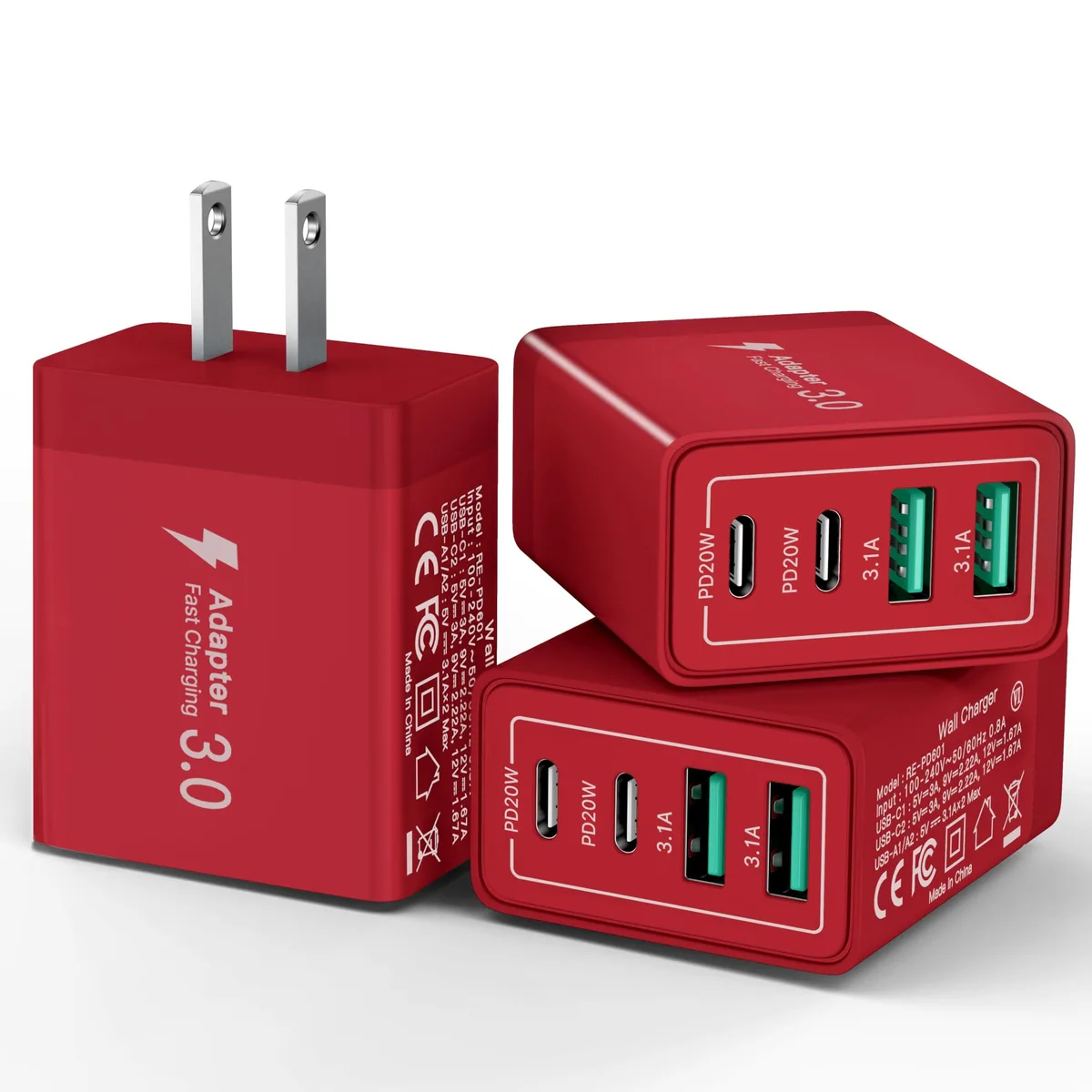 Three white rectangular wall chargers each with two USB-C and two USB-A ports