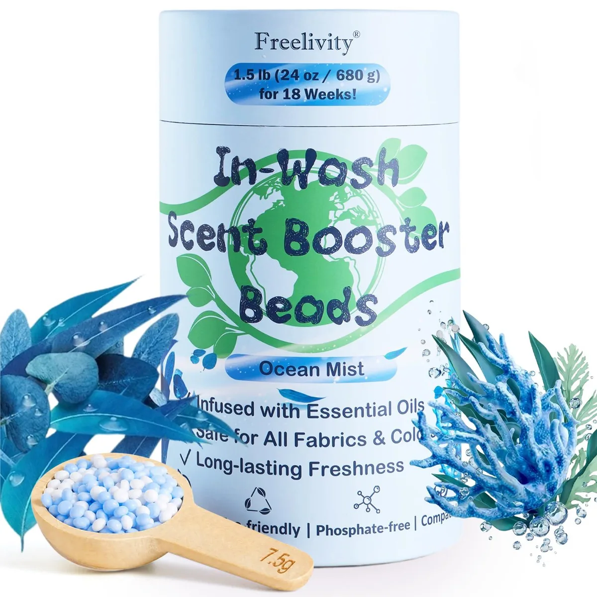 Freelivity InWash Scent Booster Beads Ocean Mist 24 oz 70 cycles — product photo