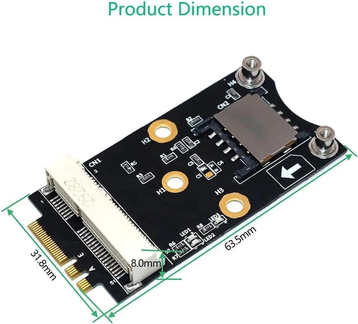 Green PCB adapter board with Mini PCI-E edge connector, M.2 Key A/E slot, and SIM card holder