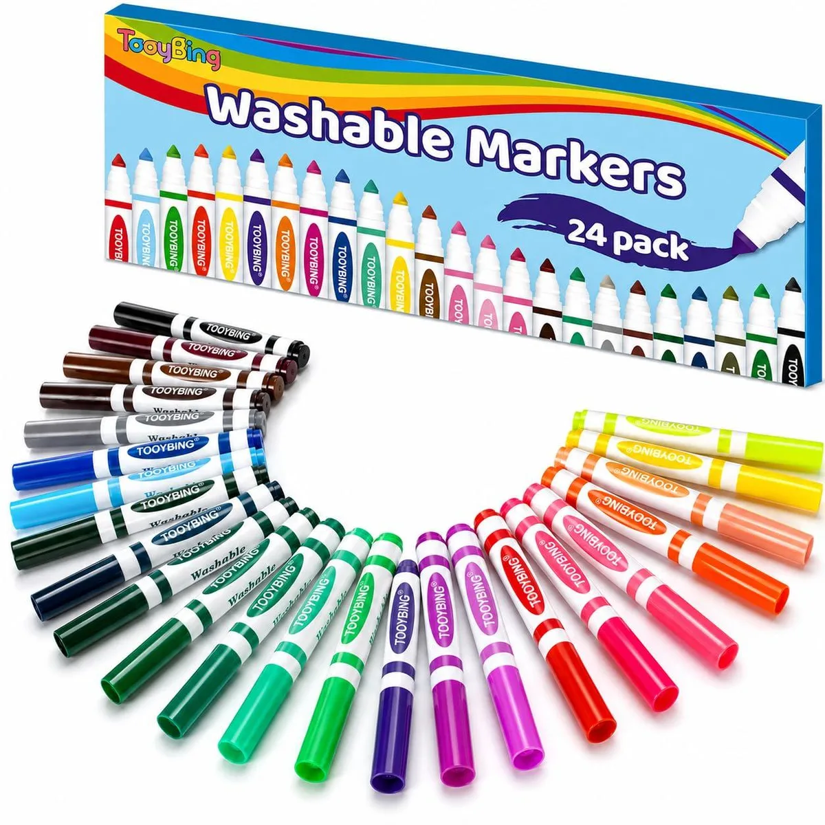 Cardboard box holding 24 washable broad-line markers in assorted colours
