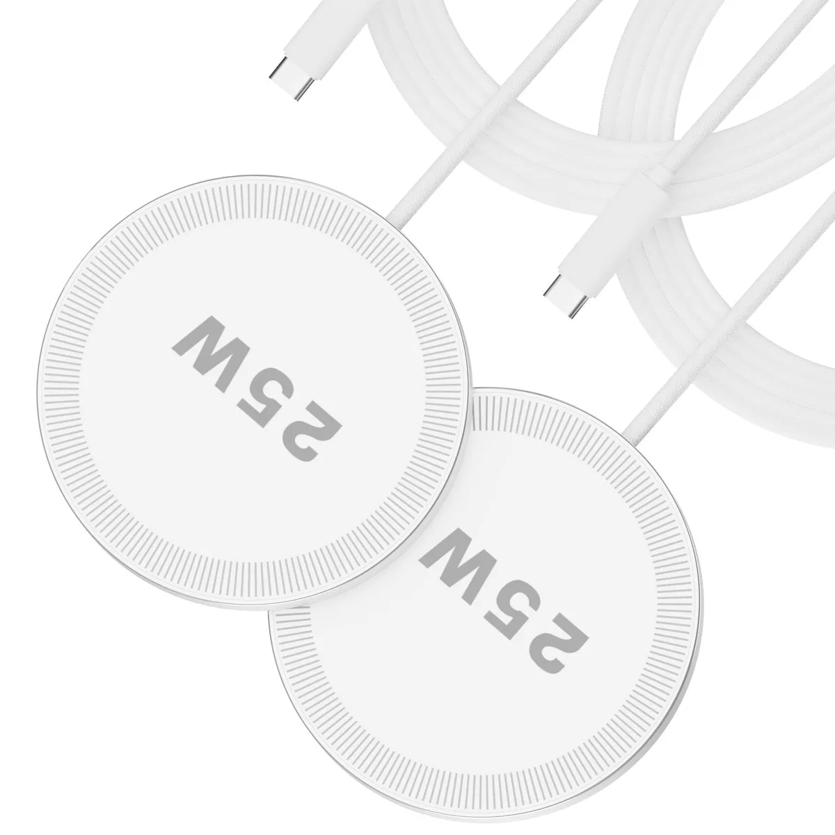 White circular magnetic wireless charging pad with integrated cable