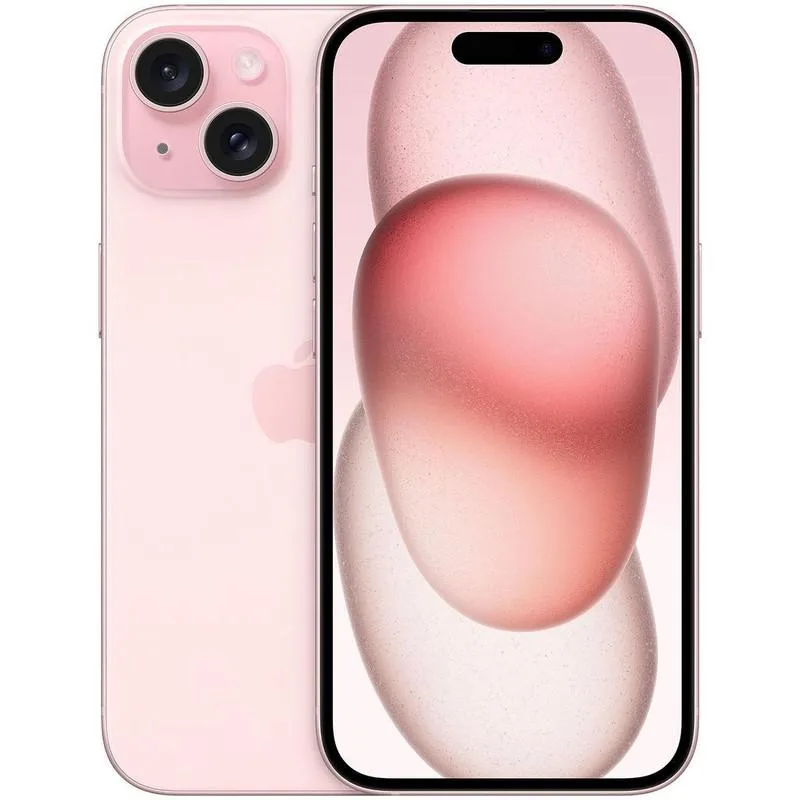 Pink iPhone 15 smartphone with flat aluminium frame and glass back