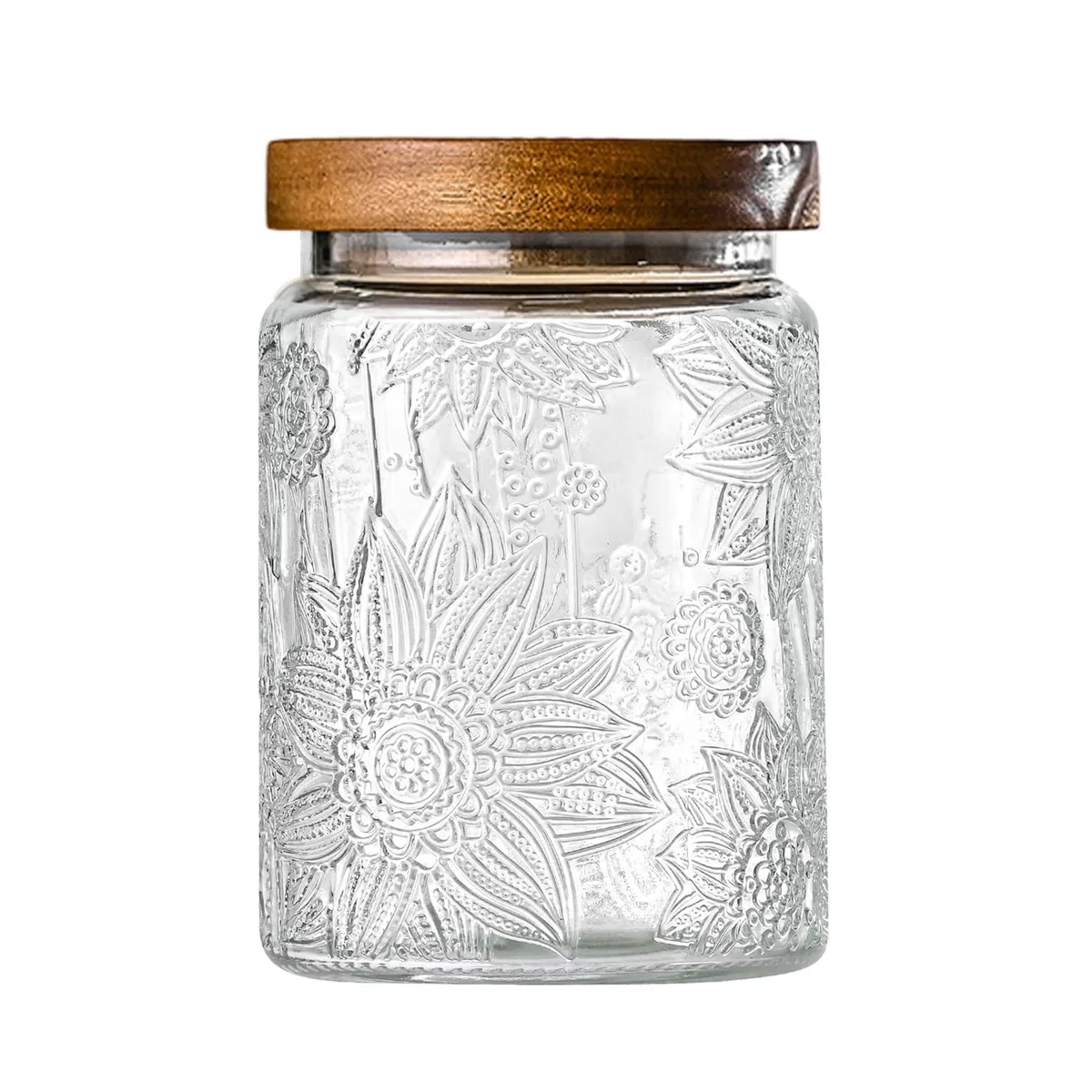 Clear glass jar with sunflower embossing and wooden lid