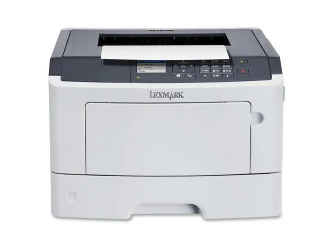 White rectangular office laser printer with front paper tray and control panel