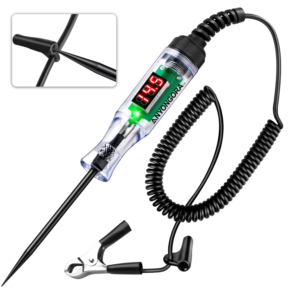 Handheld digital voltage tester with LED display and coiled cable