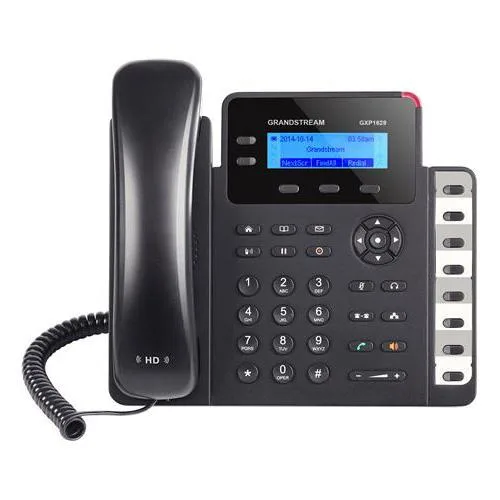 Black desk phone with 132x48 backlit LCD display and programmable keys