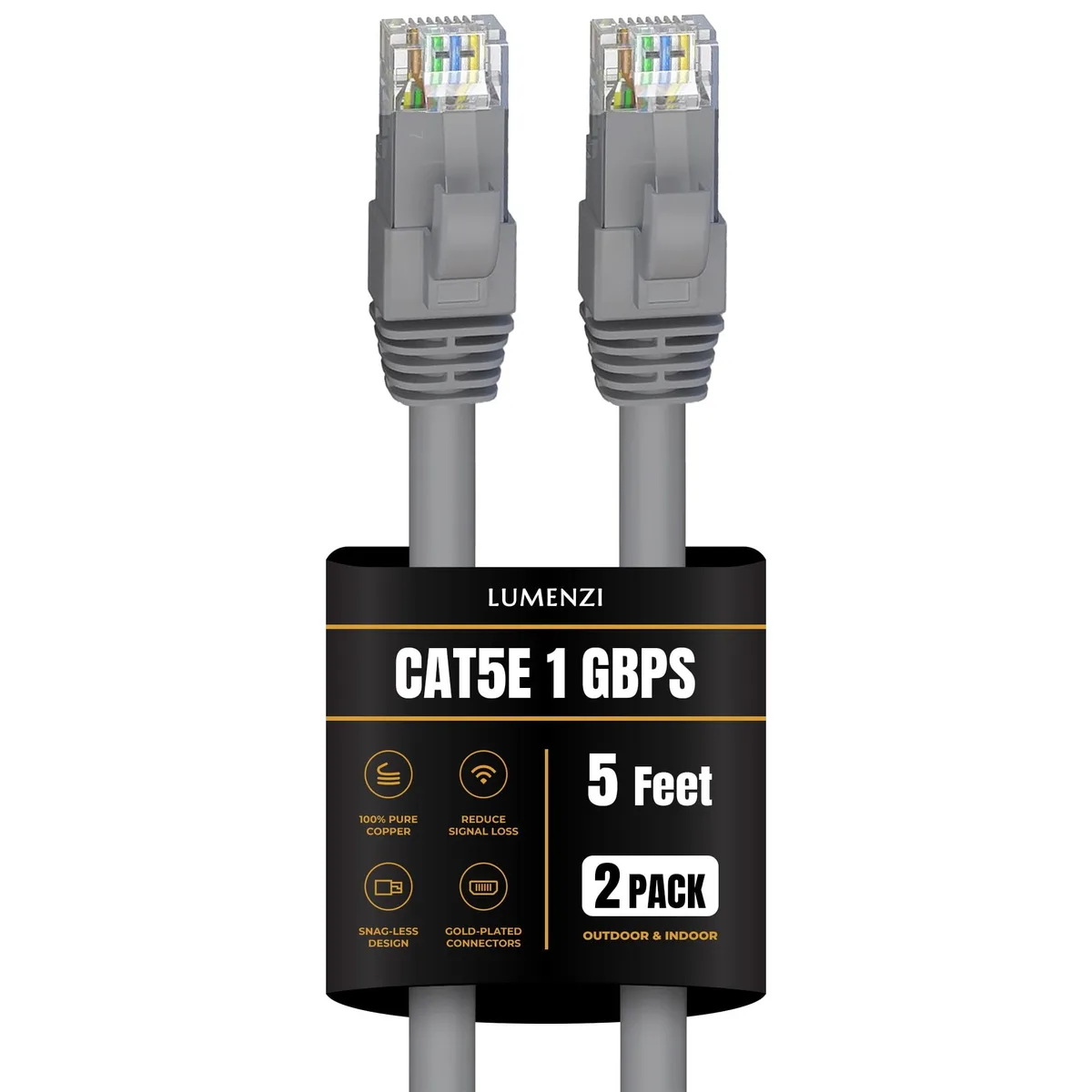 Lumenzi Lumenzi EC-5E-5-GRY-2 Cat 5e Ethernet Cable 5 FT Grey 2 Pack — product photo