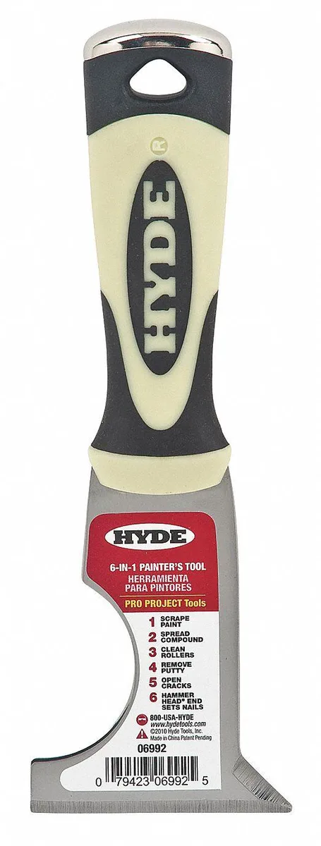 Hyde 06992 painter's tool with stiff carbon steel blade and hammer-end handle