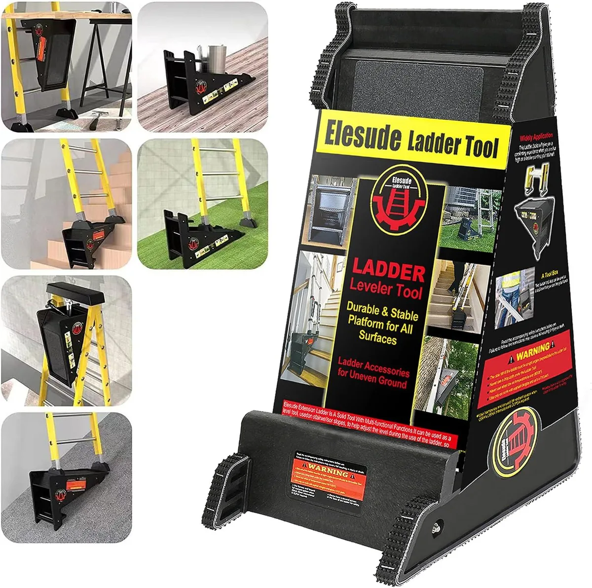 Red metal ladder stabilizer with triangular frame, rubber grips, and integrated storage tray