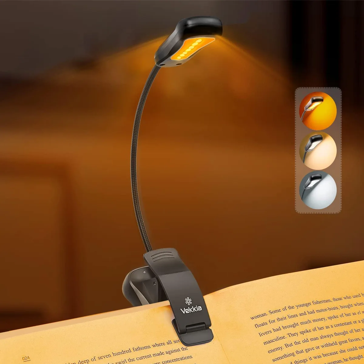 Black clip-on book light with flexible neck and padded clamp