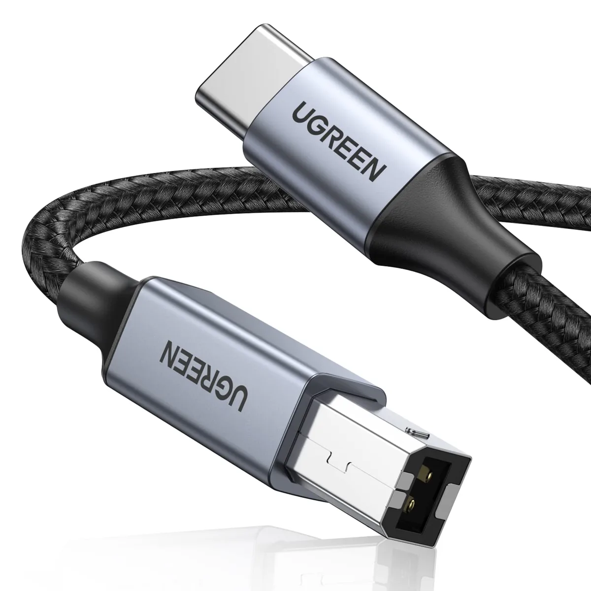 Silver nylon-braided USB-B to USB-C cable, 6.6 ft, male-to-male connectors