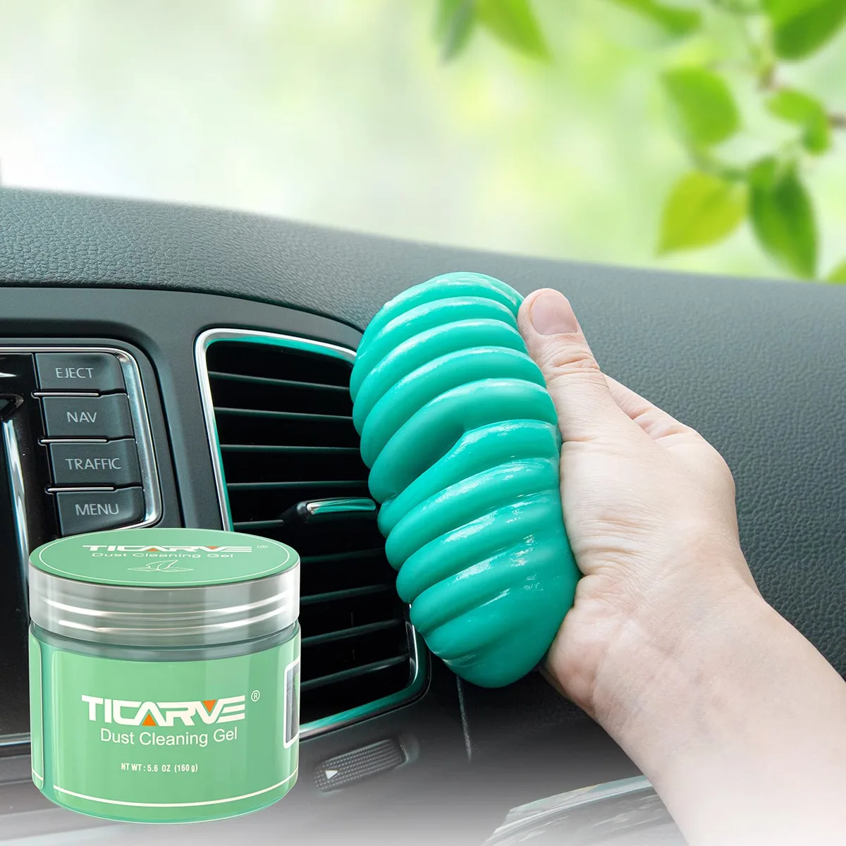 Green cleaning gel in a jar, soft putty texture for detailing vents and crevices