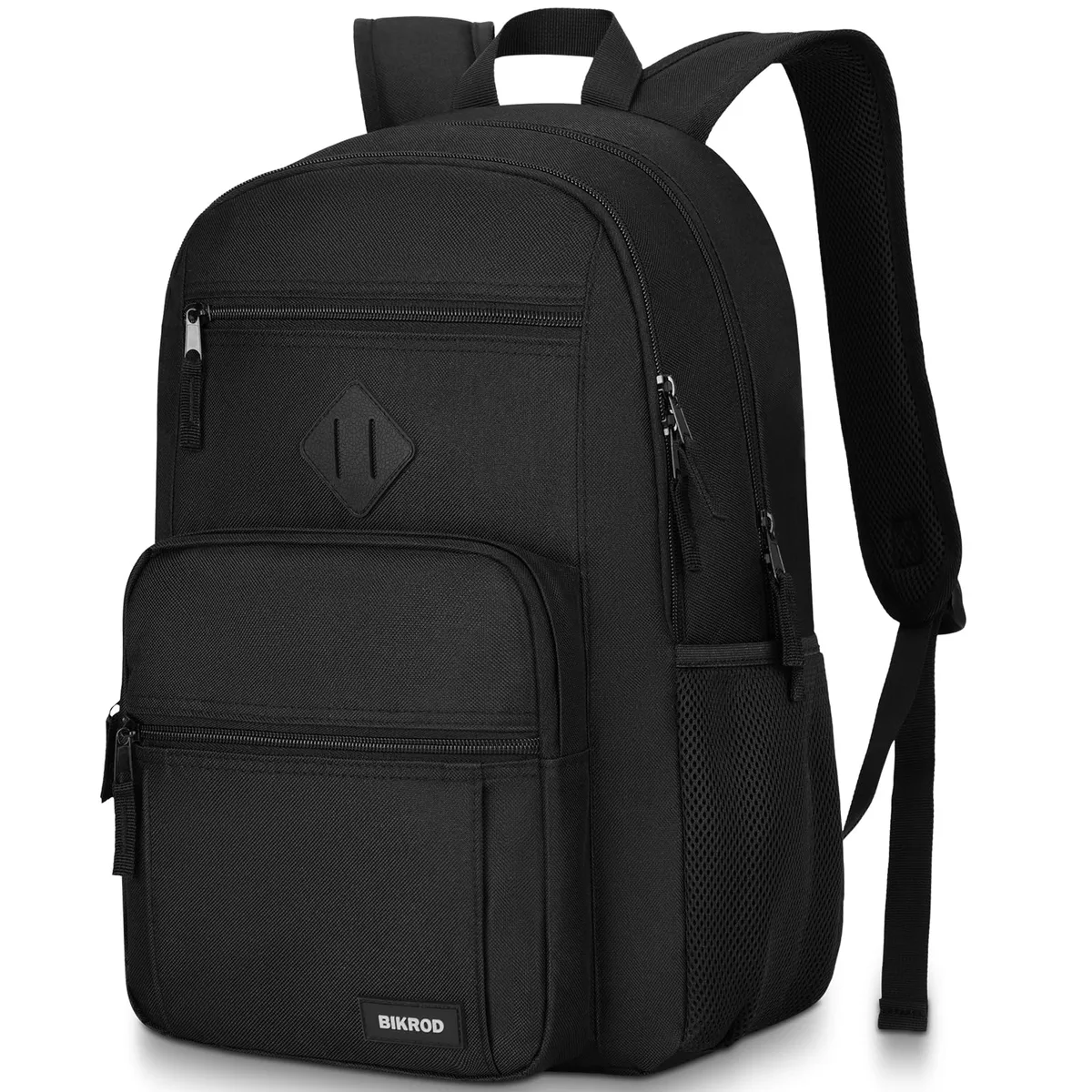 Black polyester laptop backpack, 18 inches tall, soft shell finish, padded back panel and S-curve shoulder straps