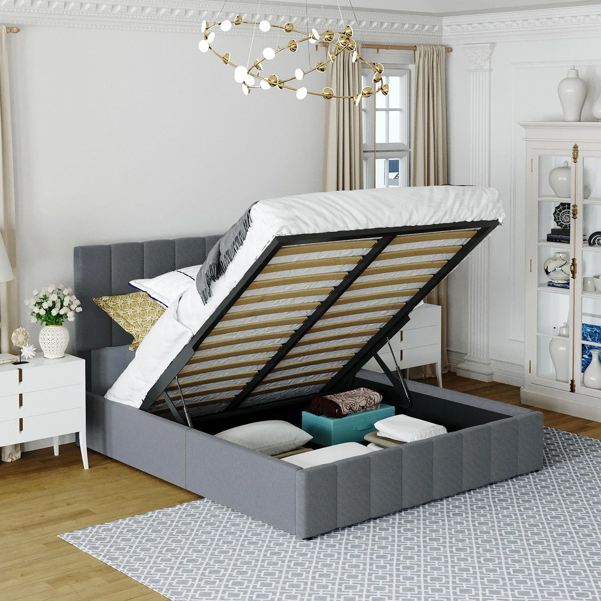 Gray upholstered queen platform bed with hydraulic storage lift and linen headboard