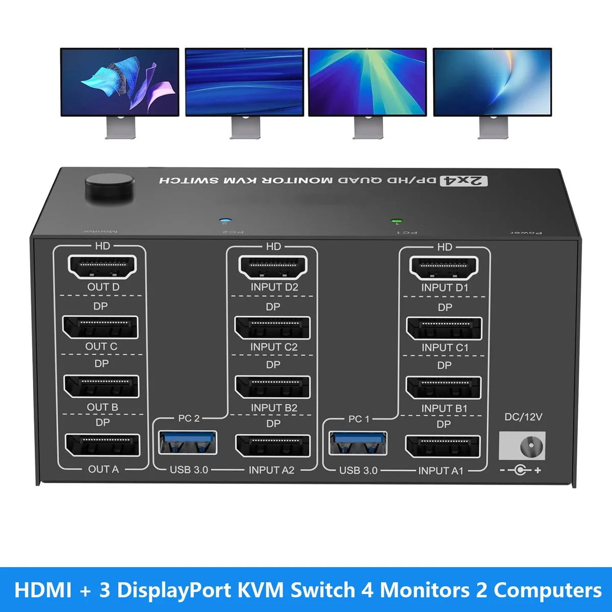 AUTYUE AUTYUE 204D3 HDMI + 3 DisplayPort KVM Switch 4 Monitors 2 Computers — product photo