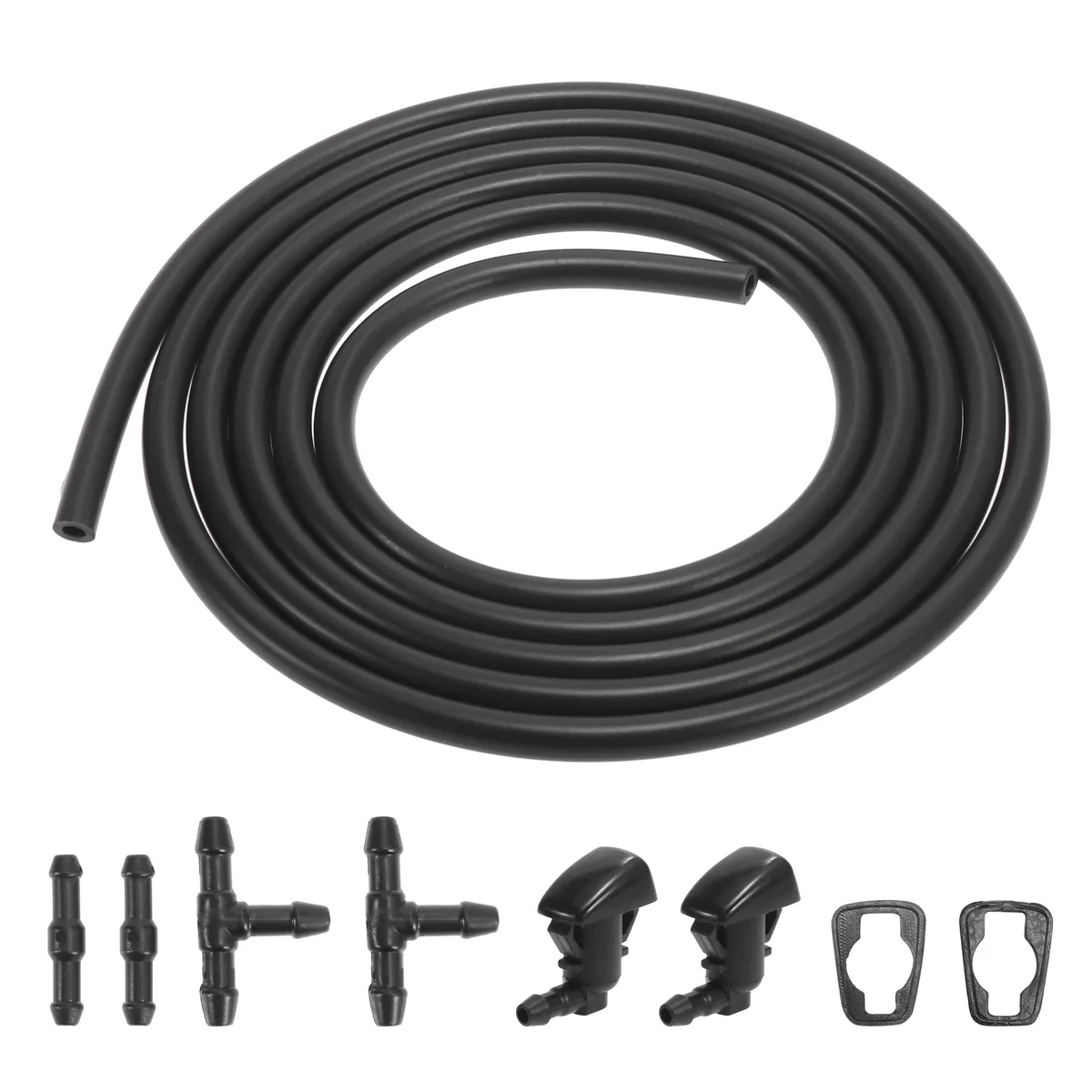 Black plastic windshield washer nozzle kit with hose connectors and gaskets