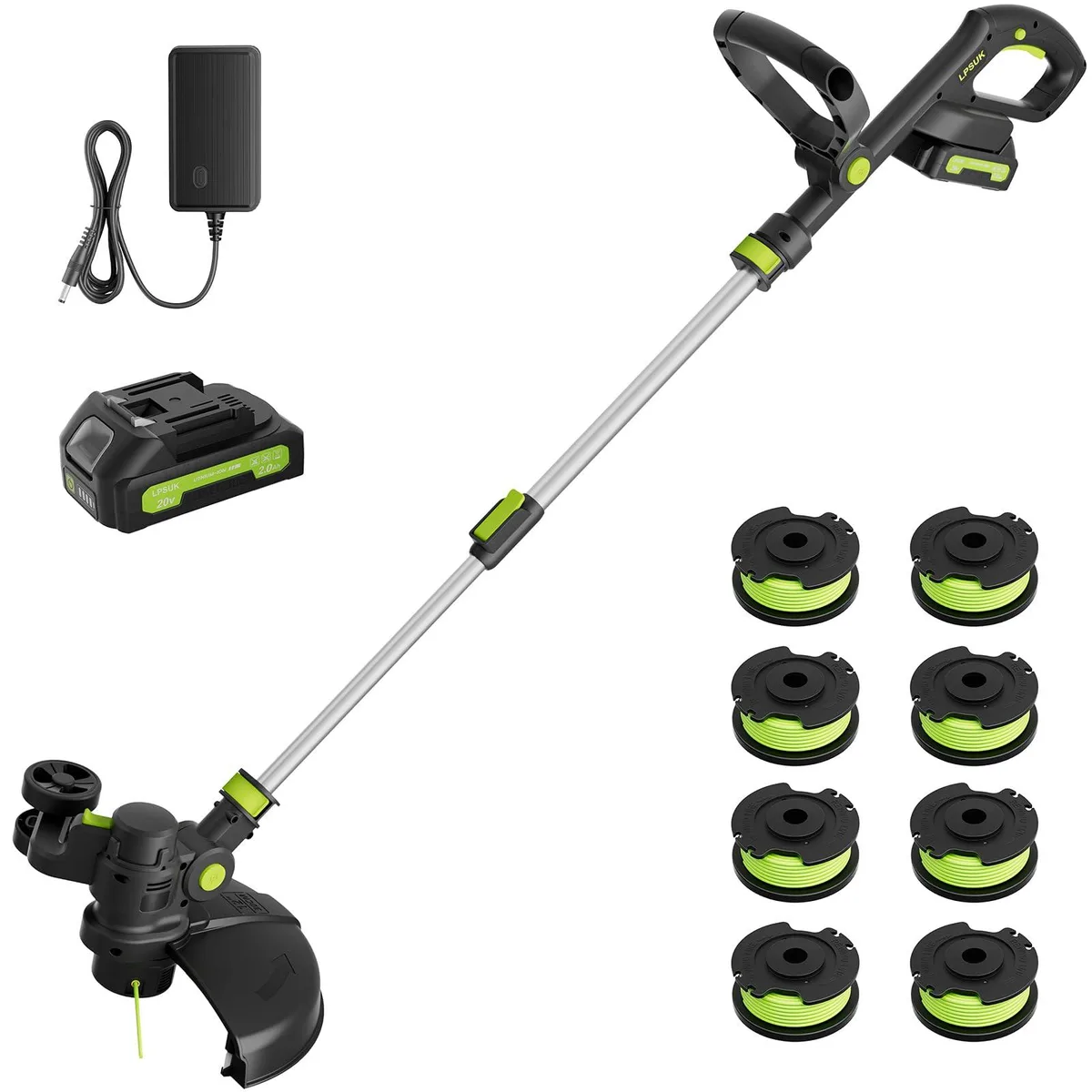 Cordless grass trimmer with telescopic shaft, adjustable head and handle, 12 inch cutting head, 20V battery and charger