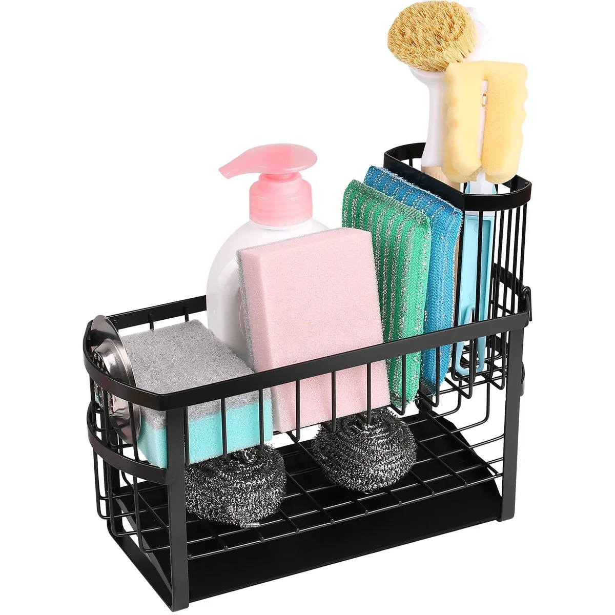 Two-tier oval sink caddy with sloped drain base, holds sponges and brushes