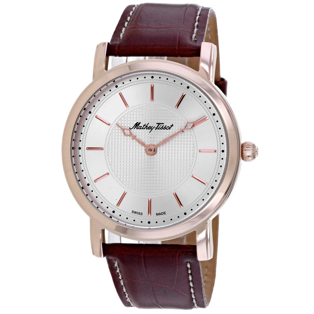 Silver dial watch with stainless steel case and leather strap
