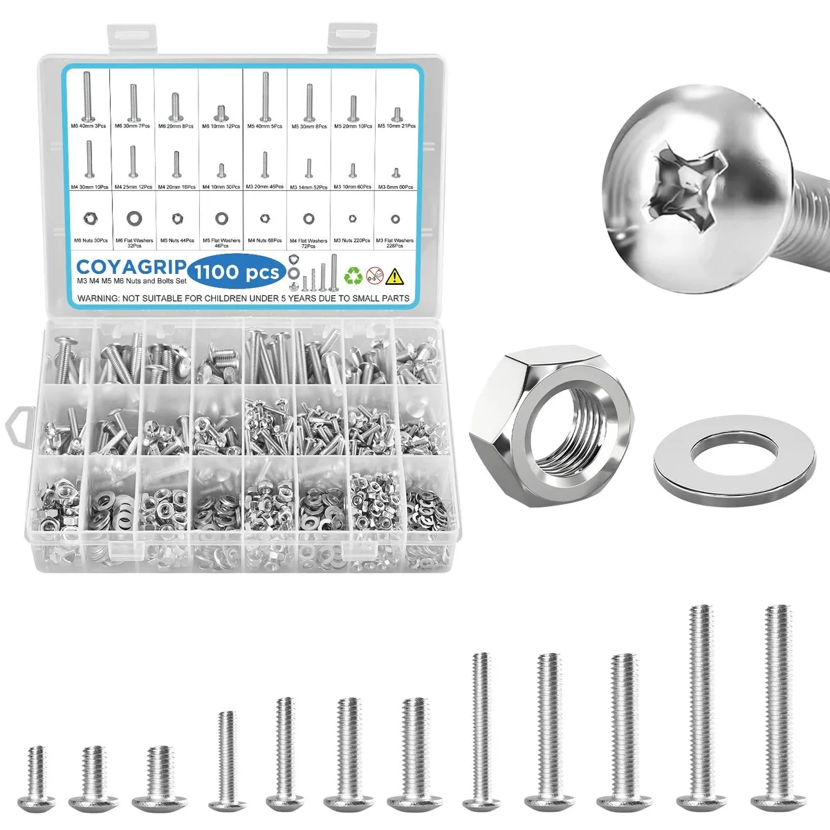  COYAGRIP Nuts and Bolts Assortment Kit 1100PC M3 M4 M5 M6 Phillips Head Machine Shop Hardware — product photo