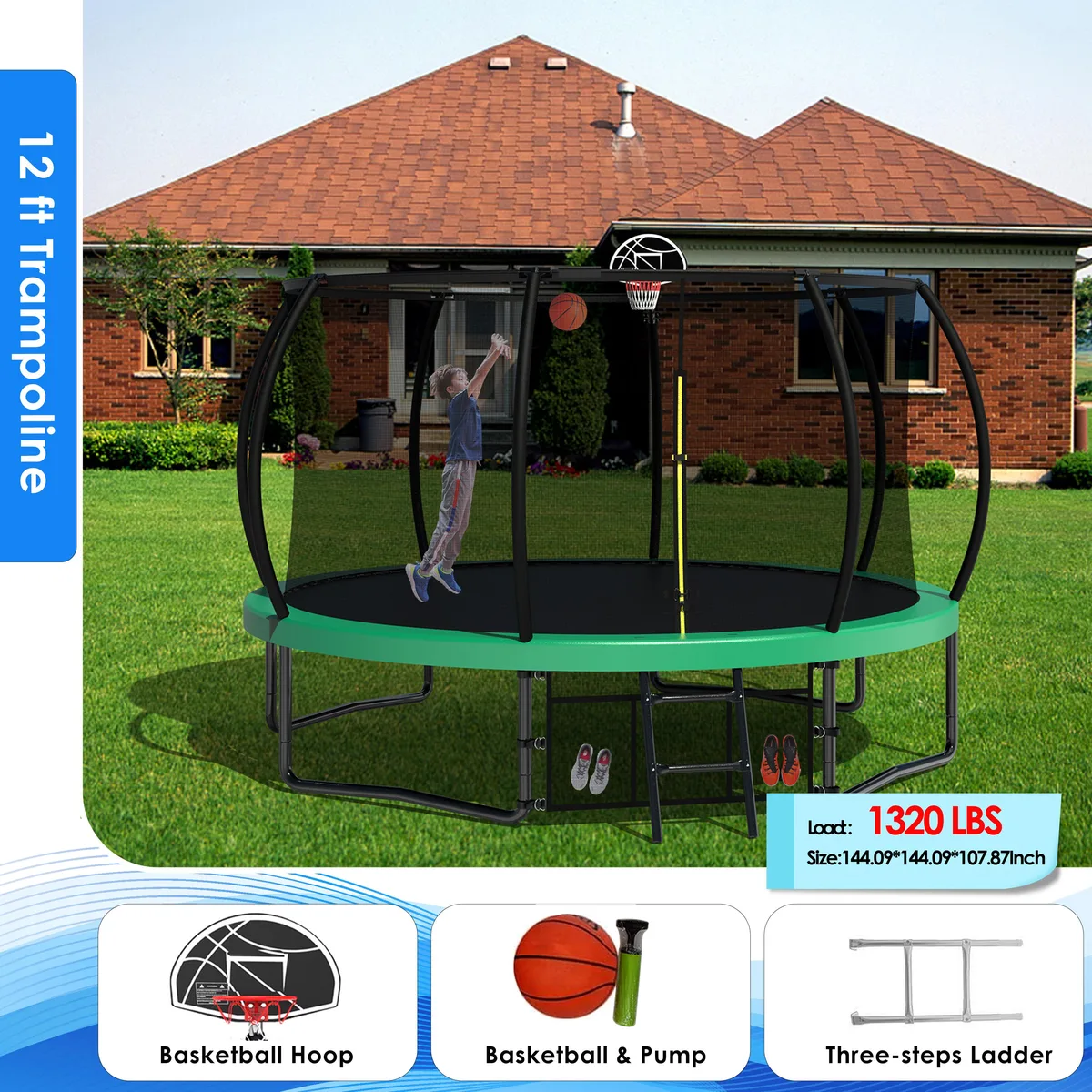 MERSCO MERSCO 12FT Pumpkin Trampoline Green with Hoop &amp; Net — product photo