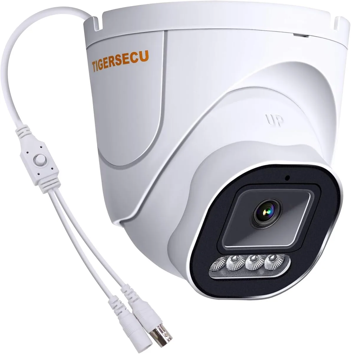White dome security camera with 2.8 mm lens and IR LEDs, IP66 weatherproof housing for wall or ceiling mount