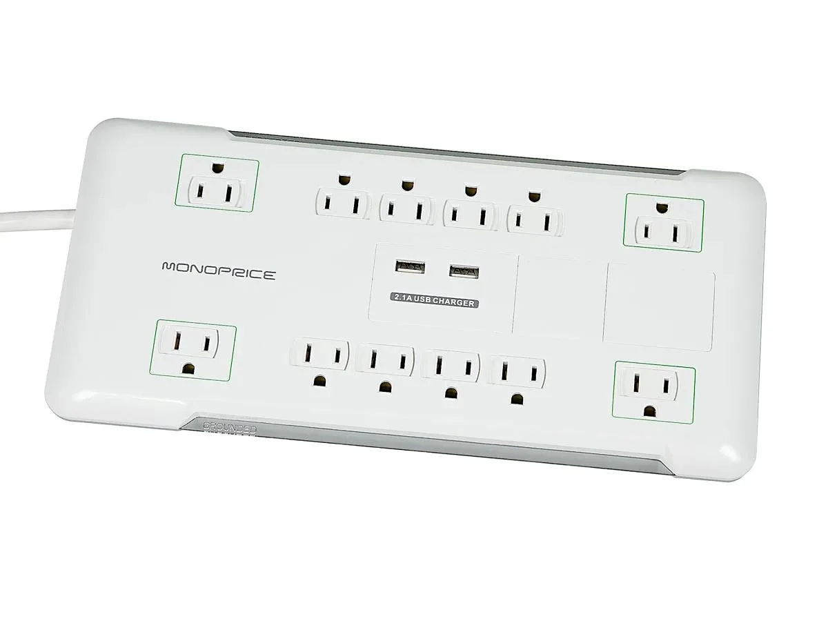 Monoprice Inc. Monoprice Inc. 109202 12-Outlet Surge Protector 2.1A USB 3420J White 6ft — product photo