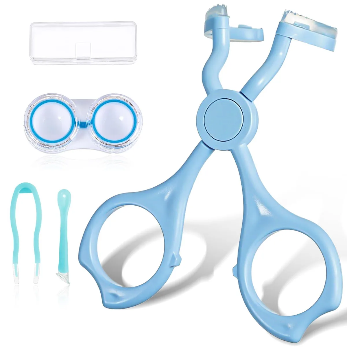 Blue 5-piece contact lens applicator kit with case, tweezers, inserter, remover and eye opener