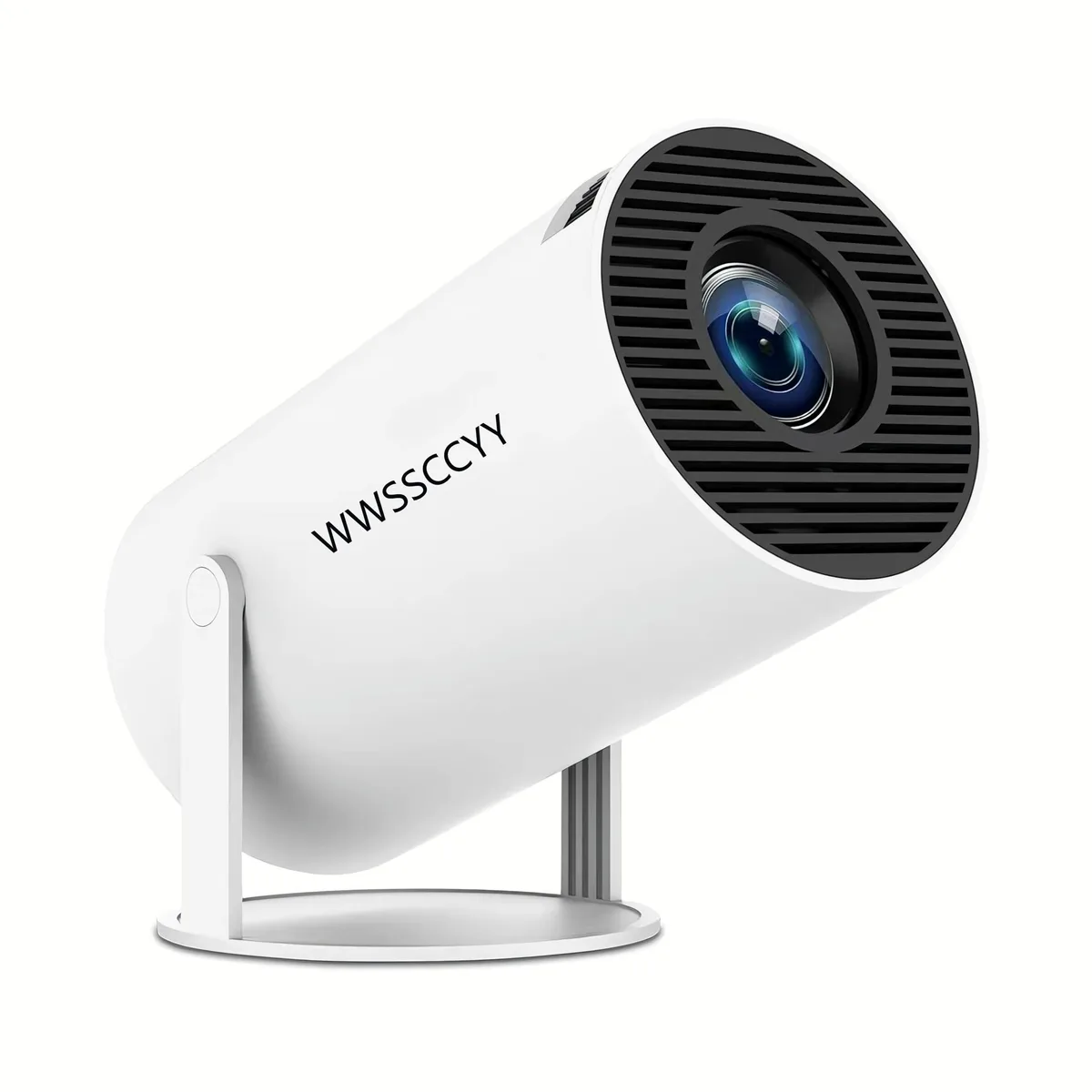 Compact white LED projector with built-in stand and 180° rotation