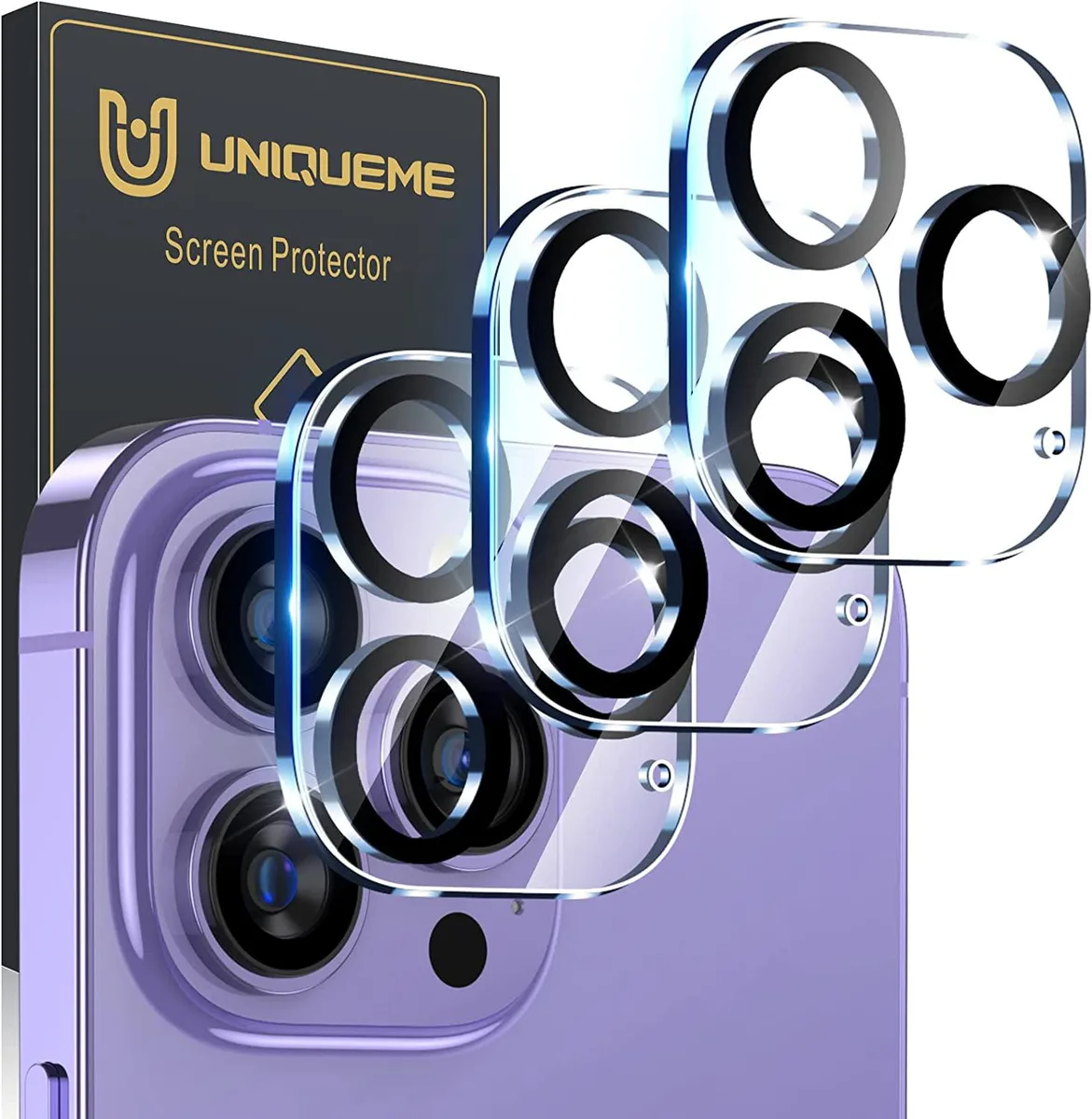 Three black circular tempered-glass camera lens protectors for iPhone 14 Pro and Pro Max