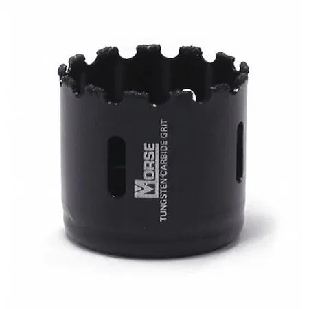Morse MHSG52 3.25 inch carbide grit hole saw, cylindrical metal body with gulleted cutting edge and side slot