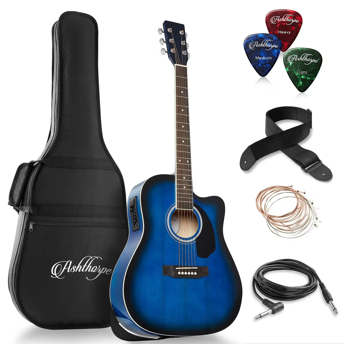 Ashthorpe Ashthorpe Full-Size Dreadnought Cutaway Acoustic-Electric Guitar Bundle - Blue — product photo